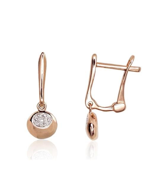 Gold earrings with 'english' lock, Red Gold 585°, Rhodium (Plating), Diamonds
