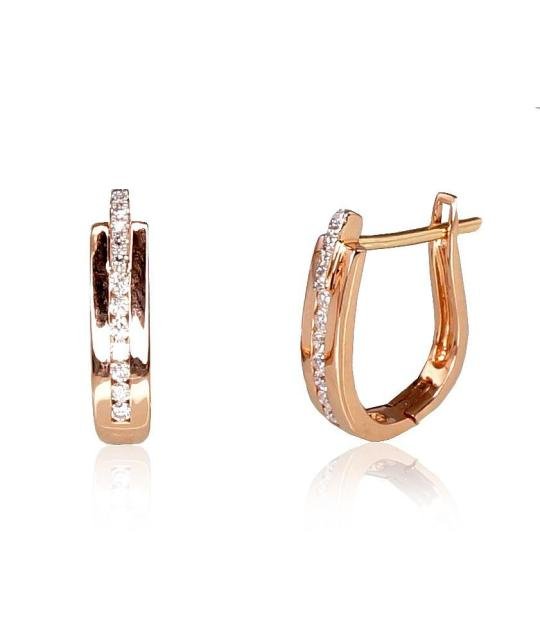 Gold earrings with 'english' lock, Red Gold 585°, Rhodium (Plating), Diamonds