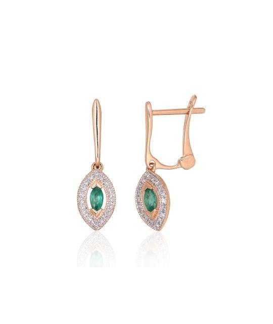 Zelta auskari ar 'angļu' slēdzēju, Sarkanais Zelts 585°, rodijs (pārklājums), Briljanti, Smaragds
