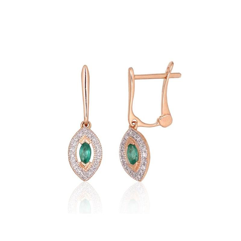 Gold earrings with 'english' lock, Red Gold 585°, Rhodium (Plating), Diamonds, Emerald