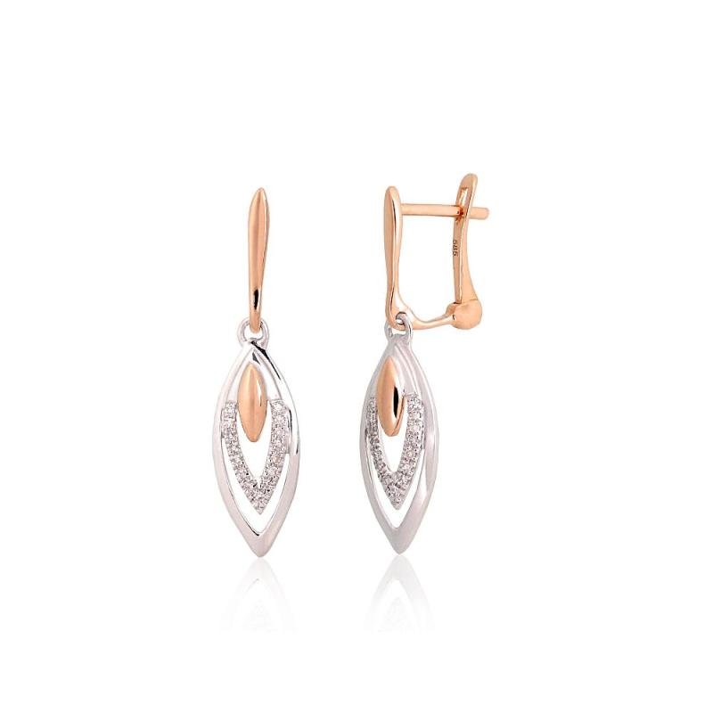 Золотые серьги на английском замке, Красное/Белое Золото 585°, Бриллианты