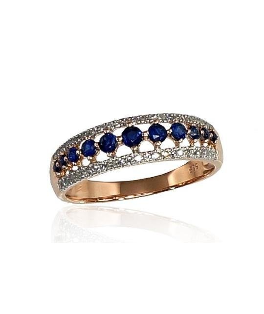 Gold ring, Red Gold 585°, Rhodium (Plating), Diamonds, Sapphire