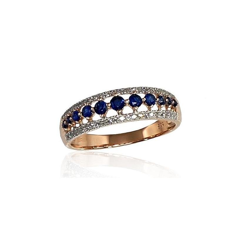 Gold ring, Red Gold 585°, Rhodium (Plating), Diamonds, Sapphire