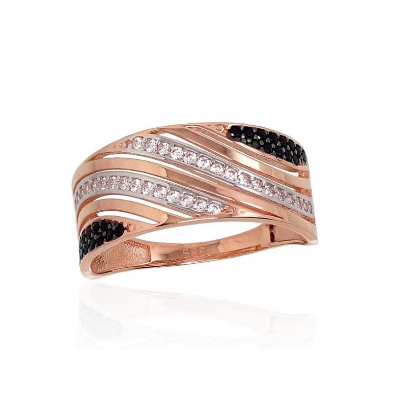 Gold ring, Red Gold 585°, Rhodium (Plating), Zirkons