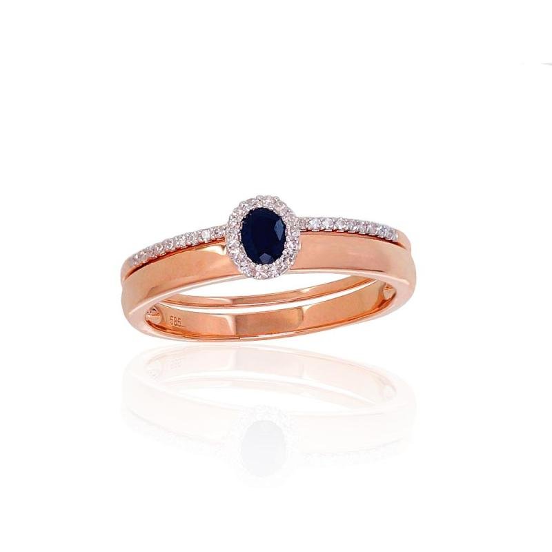 Gold ring, Red Gold 585°, Rhodium (Plating), Diamonds, Sapphire