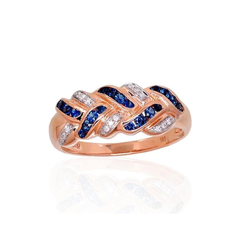 Gold ring, Red Gold 585°, Rhodium (Plating), Diamonds, Sapphire