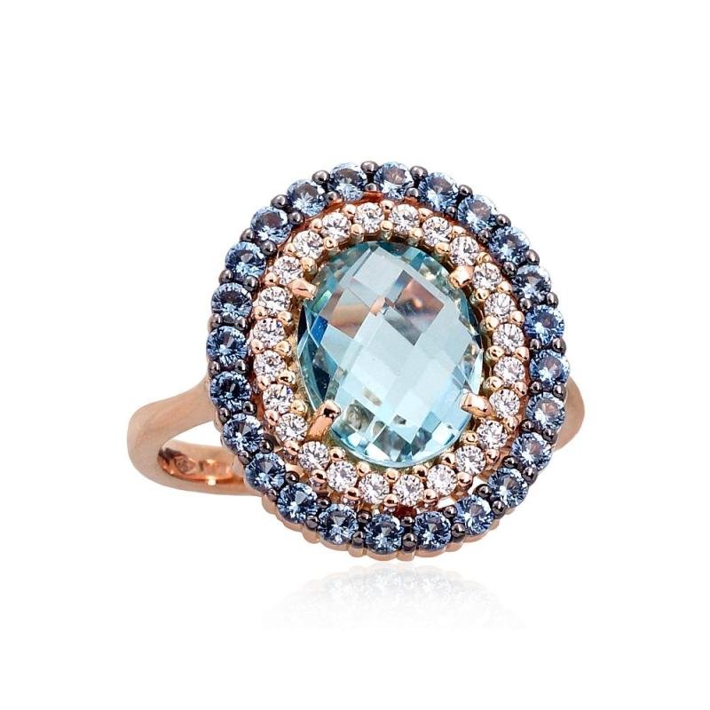 Gold ring, Red Gold 585°, Rhodium (Plating), Zirkons, Sky Blue Topaz