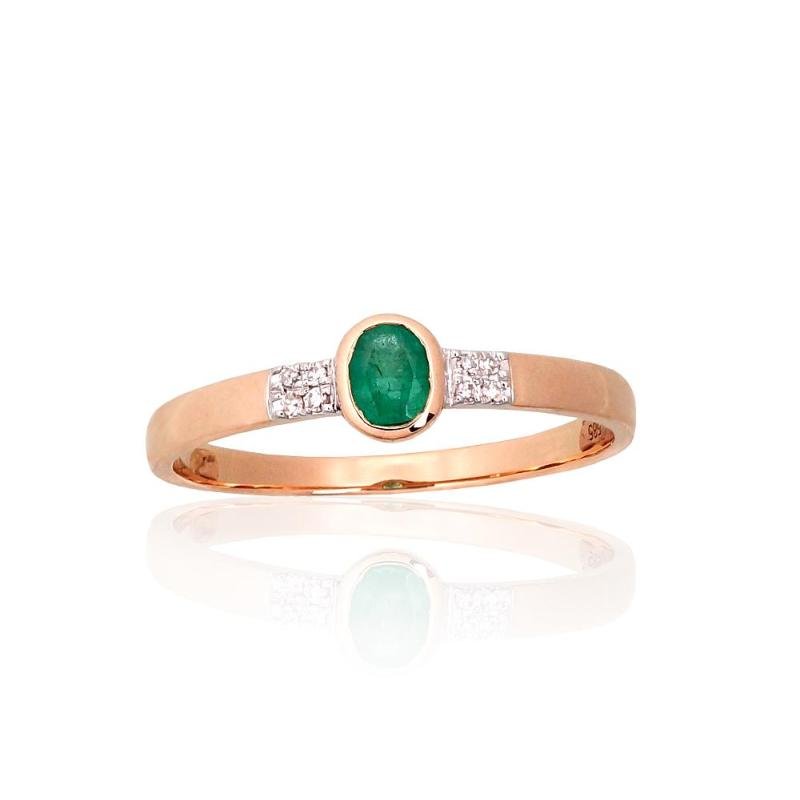 Gold ring, Red Gold 585°, Rhodium (Plating), Diamonds, Emerald
