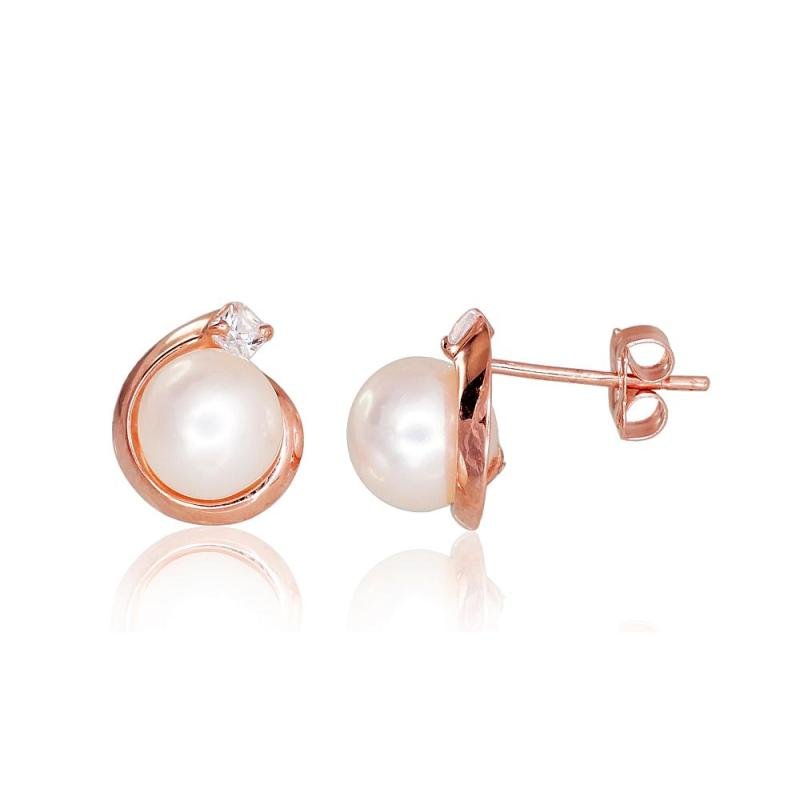 Gold classic studs earrings, Red Gold 585°, Zirkons, Fresh-water Pearl