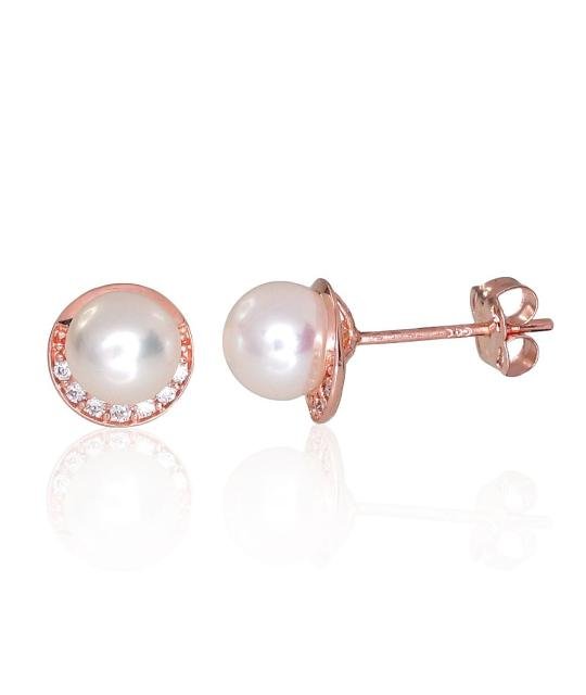 Zelta auskari-puseti, Sarkanais Zelts 585°, Cirkoni, Pērles