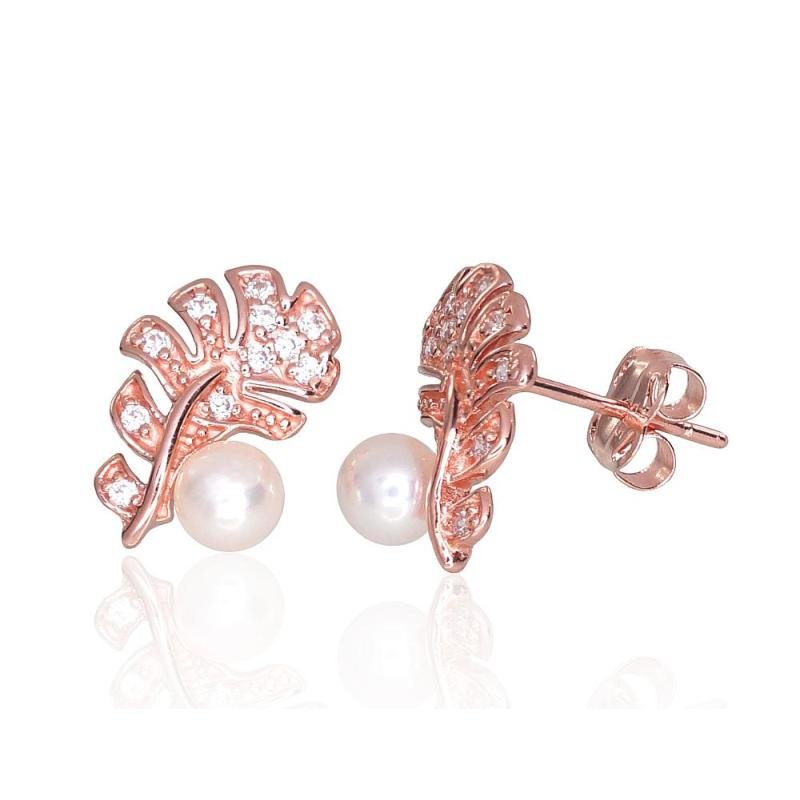 Gold classic studs earrings, Red Gold 585°, Zirkons, Fresh-water Pearl