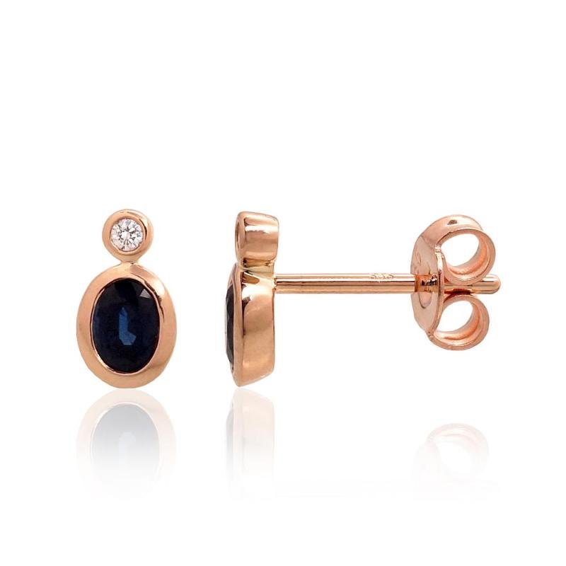 Gold classic studs earrings, Red Gold 585°, Diamonds, Sapphire