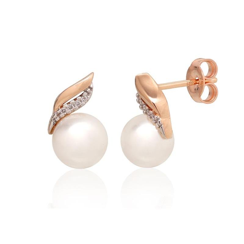 Gold classic studs earrings, Red Gold 585°, Rhodium (Plating), Diamonds, Fresh-water Pearl