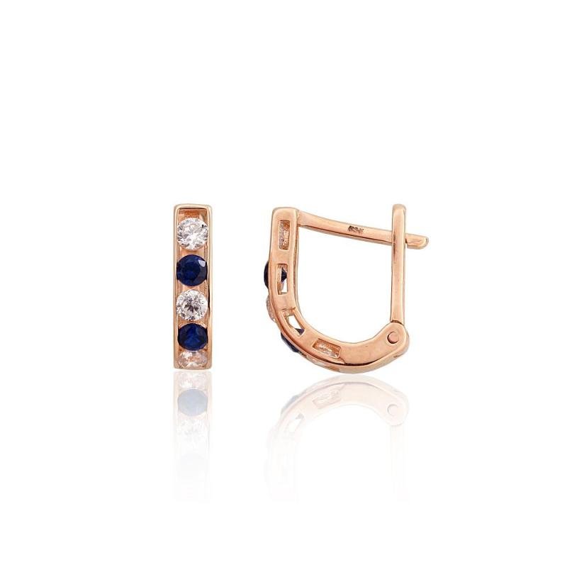 Золотые серьги на английском замке, Красное Золото 585°, Цирконы