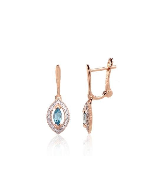 Gold earrings with 'english' lock, Red Gold 585°, Rhodium (Plating), Diamonds, Blue Topaz
