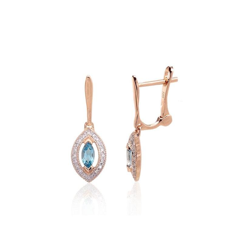 Gold earrings with 'english' lock, Red Gold 585°, Rhodium (Plating), Diamonds, Blue Topaz