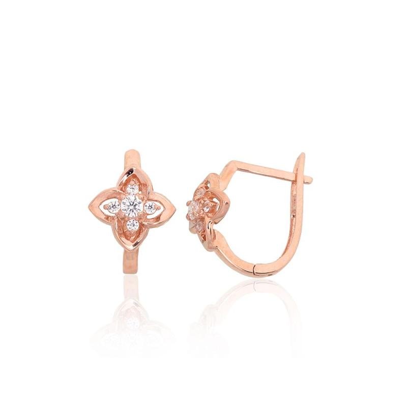 Золотые серьги на английском замке, Красное Золото 585°, Цирконы