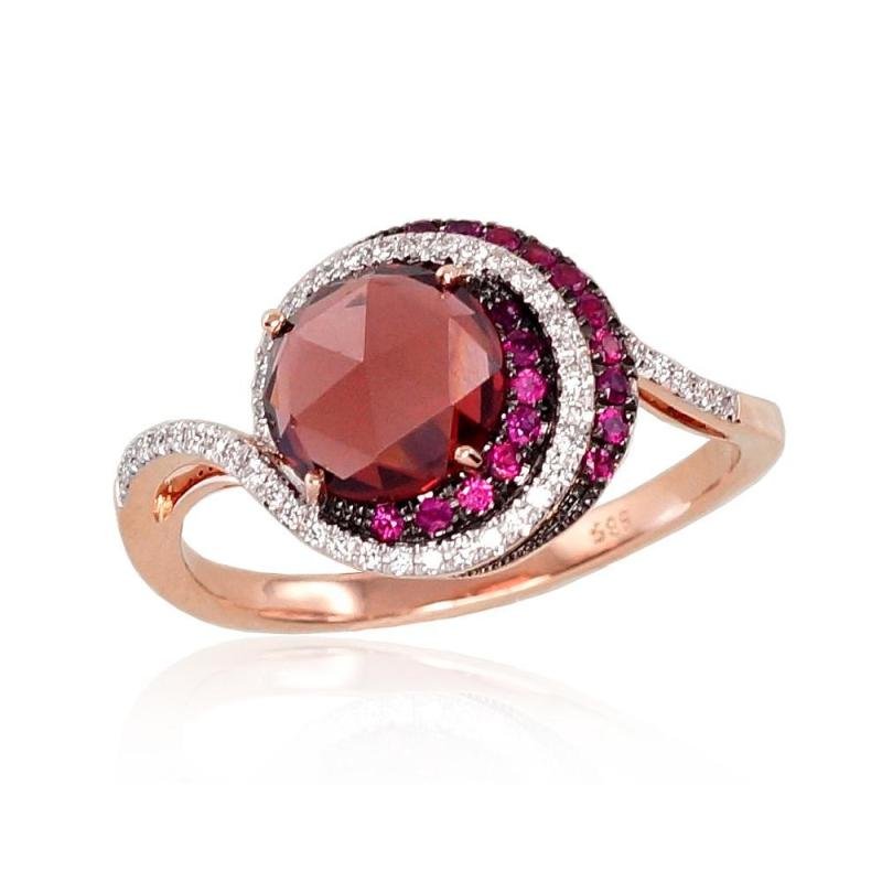 Gold ring, Red Gold 585°, Rhodium (Plating), Diamonds, Ruby, Garnet