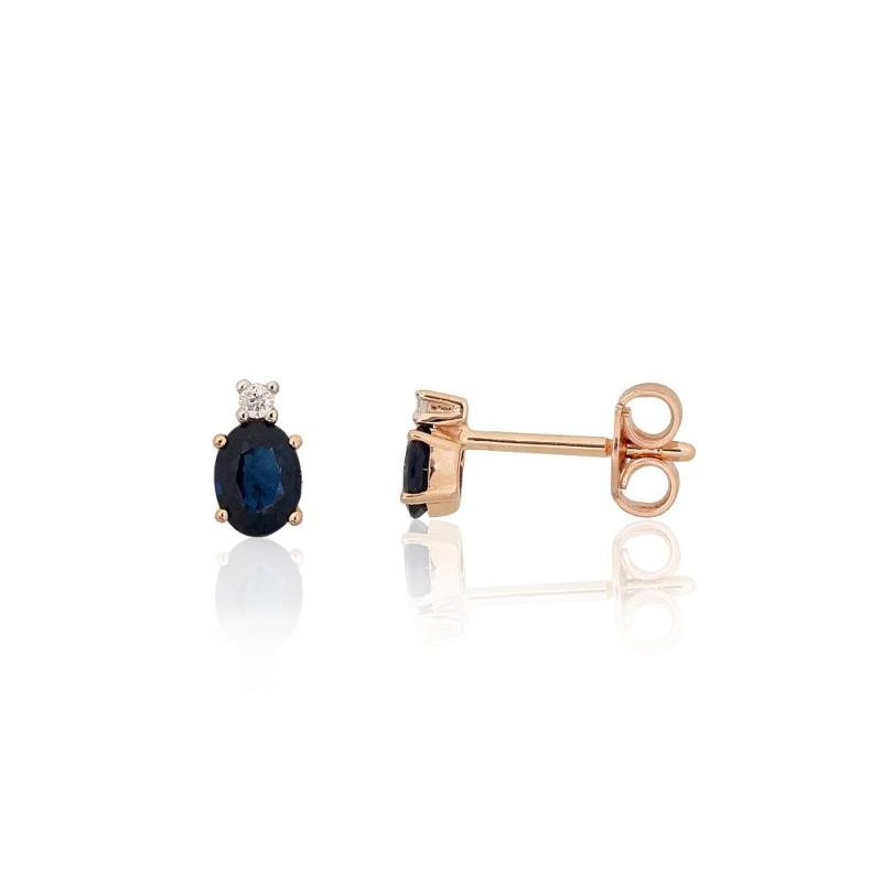 Gold classic studs earrings, Red Gold 585°, Rhodium (Plating), Diamonds, Sapphire