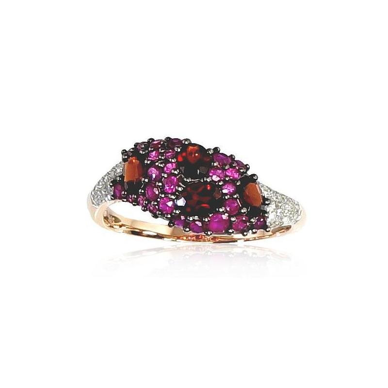 Gold ring, Red Gold 585°, Rhodium (Plating), Diamonds, Ruby, Garnet
