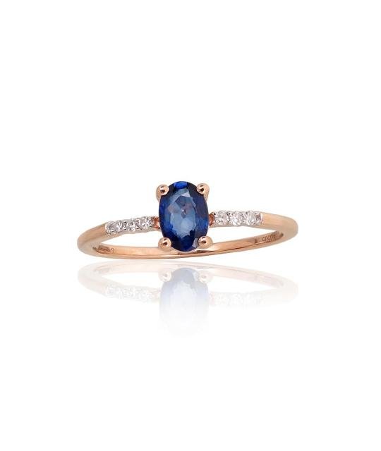 Gold ring, Red Gold 585°, Rhodium (Plating), Diamonds, Sapphire