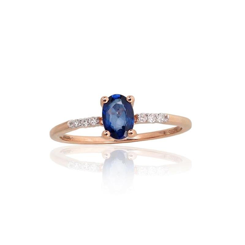 Gold ring, Red Gold 585°, Rhodium (Plating), Diamonds, Sapphire