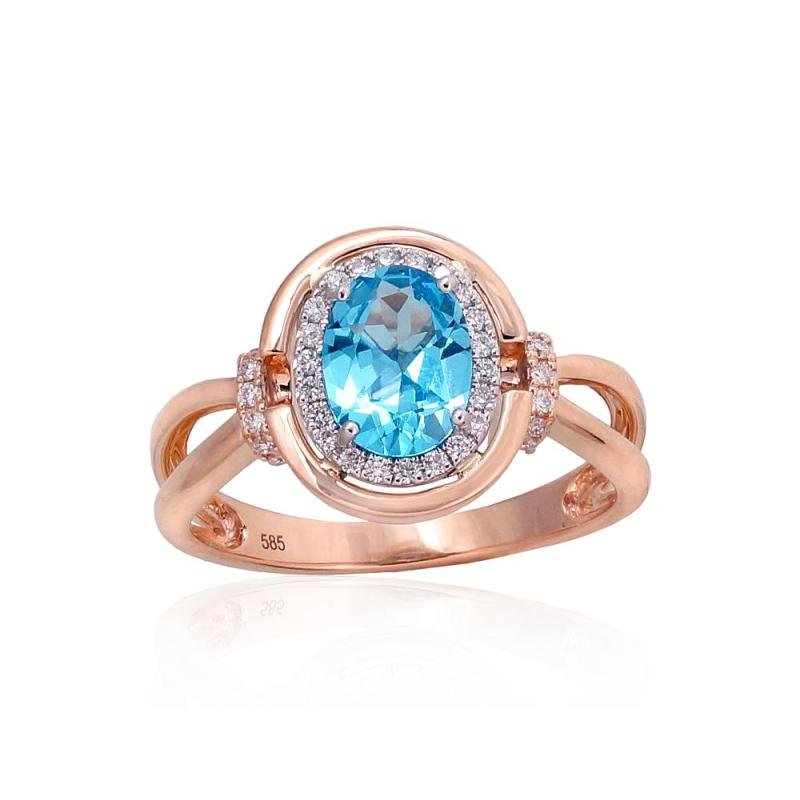 Gold ring, White/Red Gold 585°, Diamonds, Blue Topaz