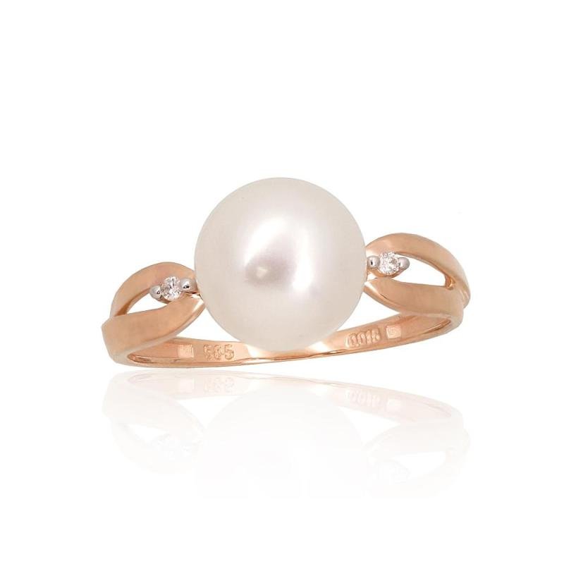 Gold ring, Red Gold 585°, Rhodium (Plating), Diamonds, Fresh-water Pearl