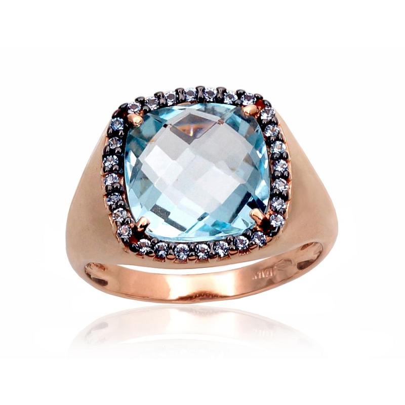Gold ring, Red Gold 585°, Rhodium (Plating), Zirkons, Sky Blue Topaz