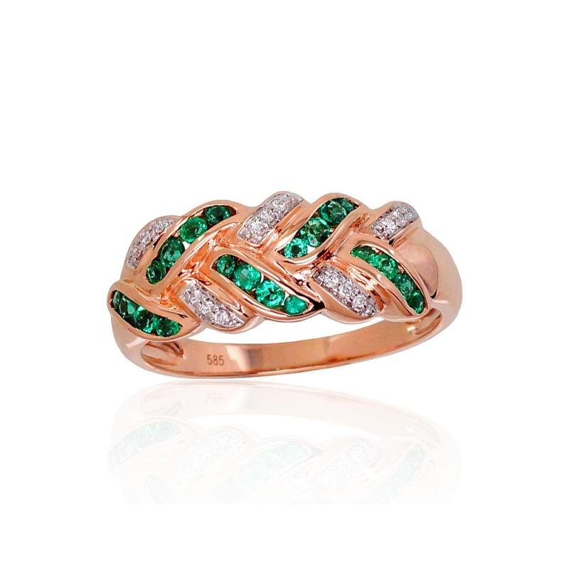 Gold ring, Red Gold 585°, Rhodium (Plating), Diamonds, Emerald