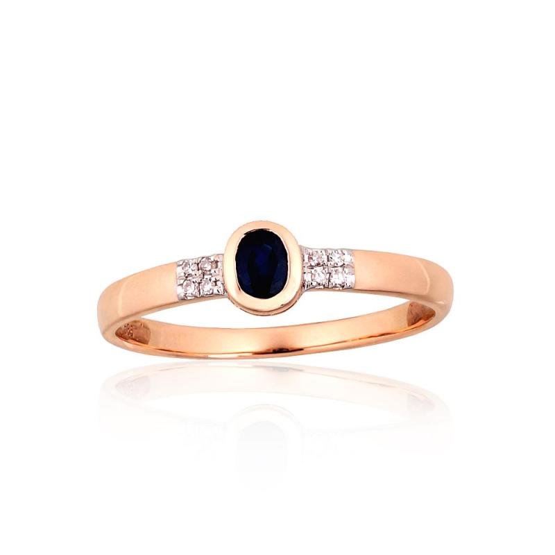 Gold ring, Red Gold 585°, Rhodium (Plating), Diamonds, Sapphire