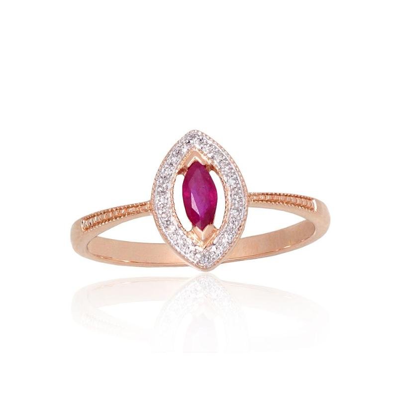 Gold ring, Red Gold 585°, Rhodium (Plating), Diamonds, Ruby