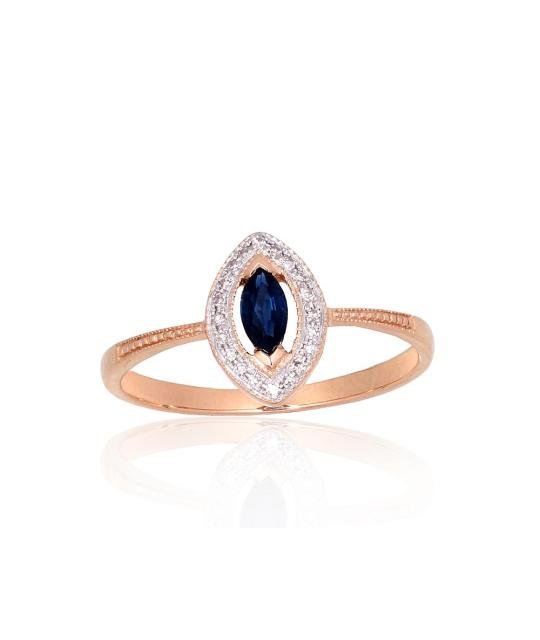 Gold ring, Red Gold 585°, Rhodium (Plating), Diamonds, Sapphire