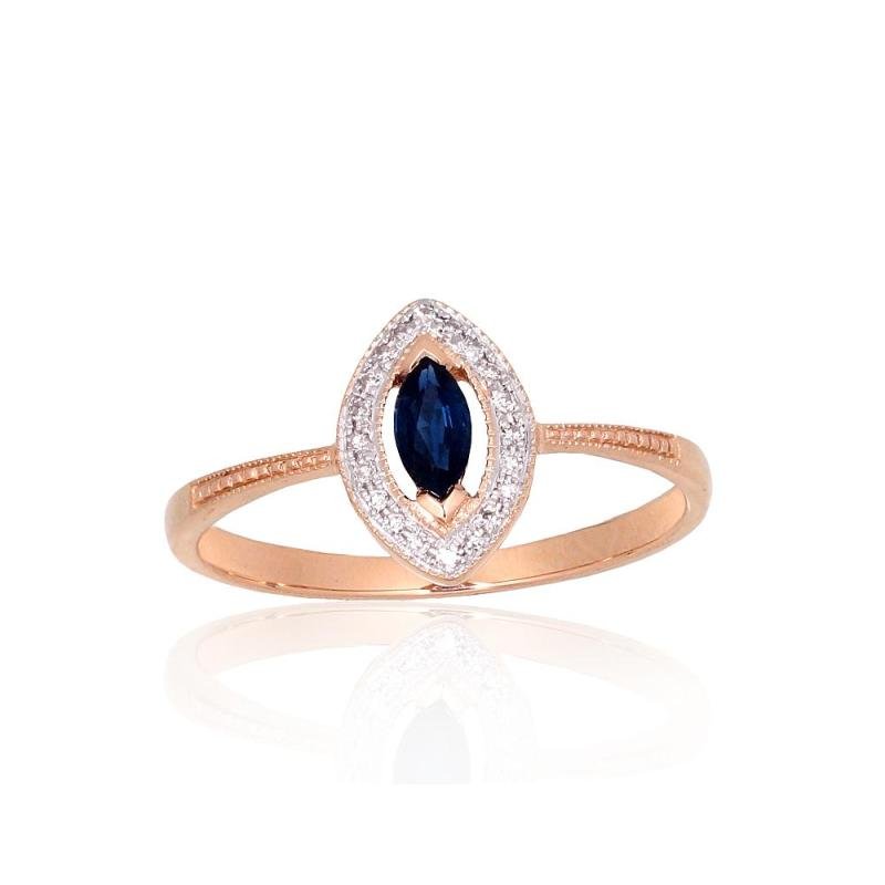 Gold ring, Red Gold 585°, Rhodium (Plating), Diamonds, Sapphire