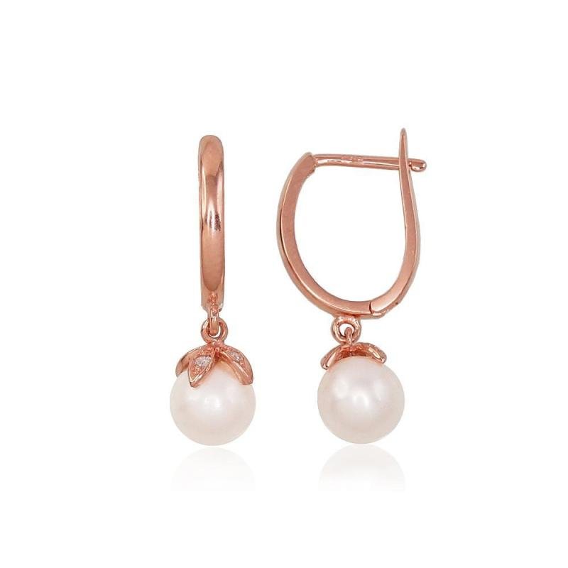 Gold earrings with 'english' lock, Red Gold 585°, Zirkons, Fresh-water Pearl