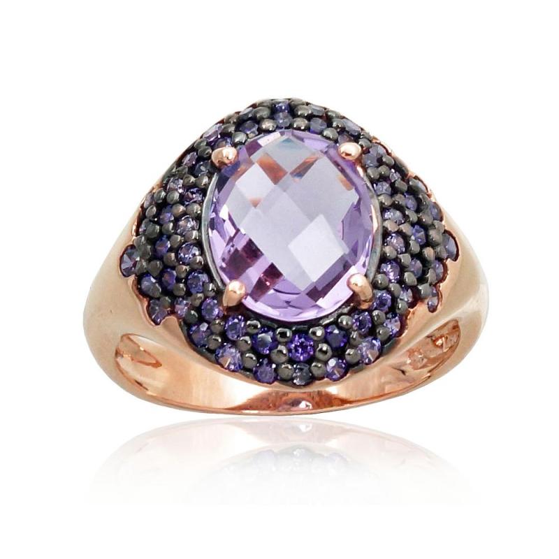 Gold ring, Red Gold 585°, Rhodium (Plating), Zirkons, Amethyst