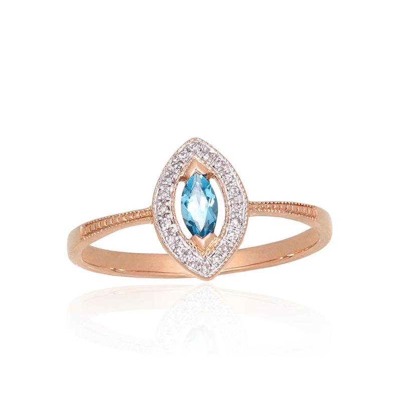 Gold ring, Red Gold 585°, Rhodium (Plating), Diamonds, Sky Blue Topaz