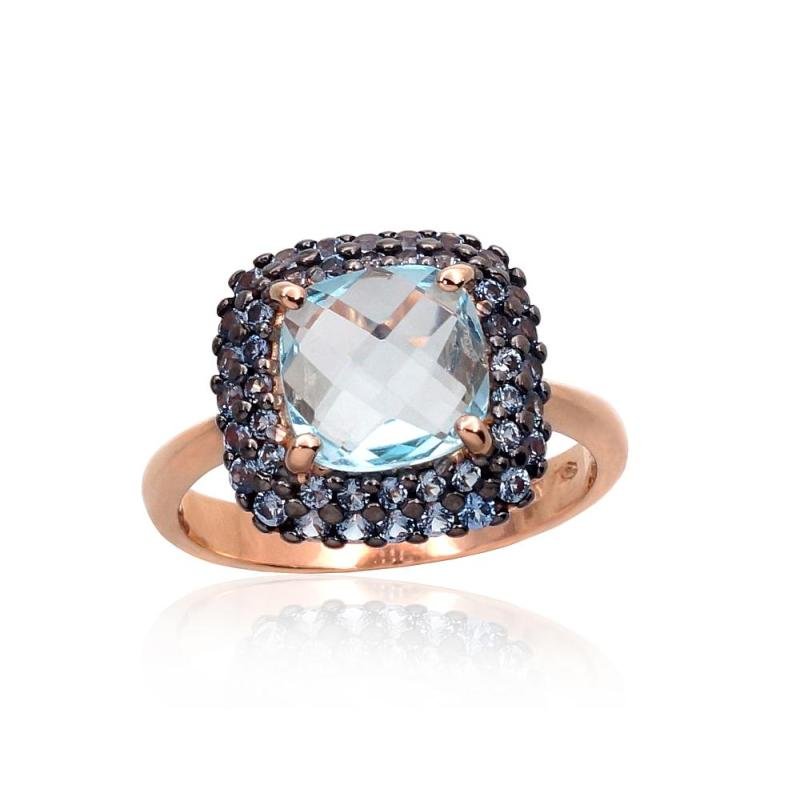 Gold ring, Red Gold 585°, Rhodium (Plating), Zirkons, Sky Blue Topaz
