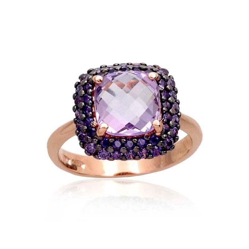 Gold ring, Red Gold 585°, Rhodium (Plating), Zirkons, Amethyst