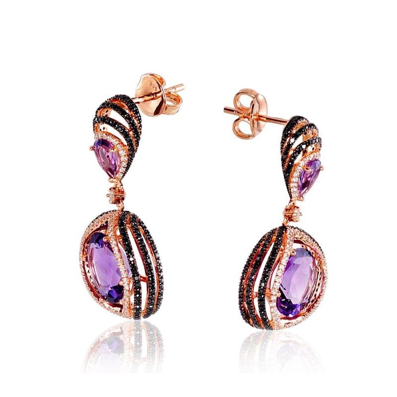 Gold classic studs earrings, Red Gold 585°, Rhodium (Plating), Diamonds, Amethyst