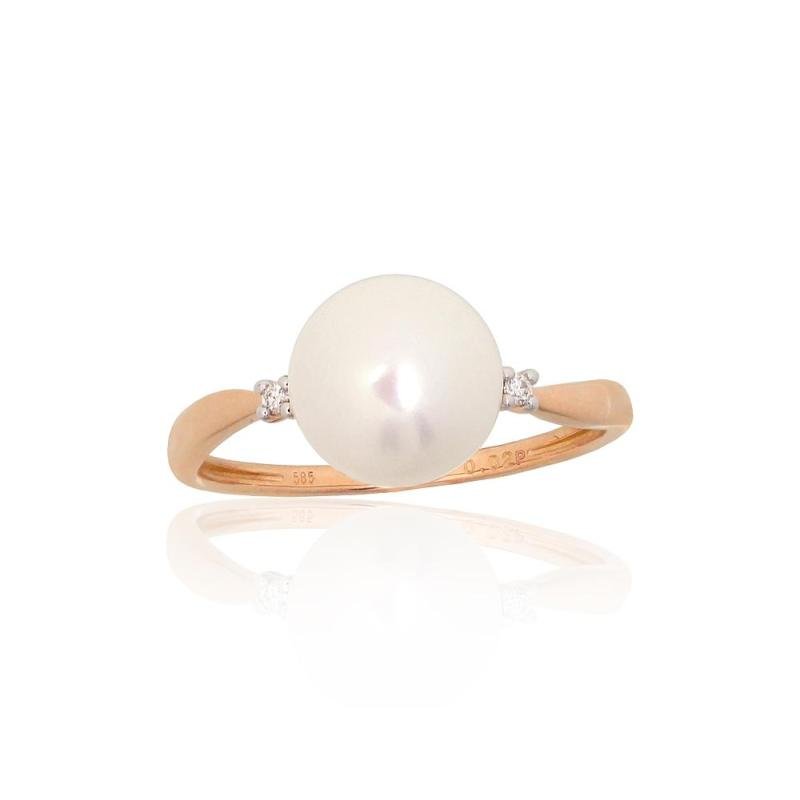 Gold ring, Red Gold 585°, Rhodium (Plating), Diamonds, Fresh-water Pearl