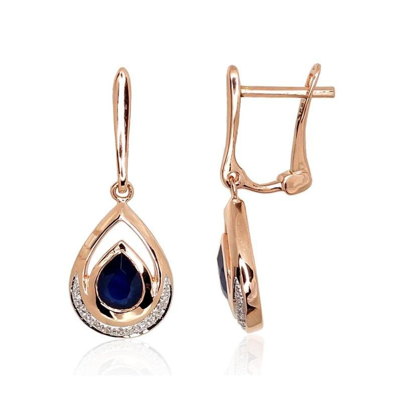 Gold earrings with 'english' lock, Red Gold 585°, Rhodium (Plating), Diamonds, Sapphire