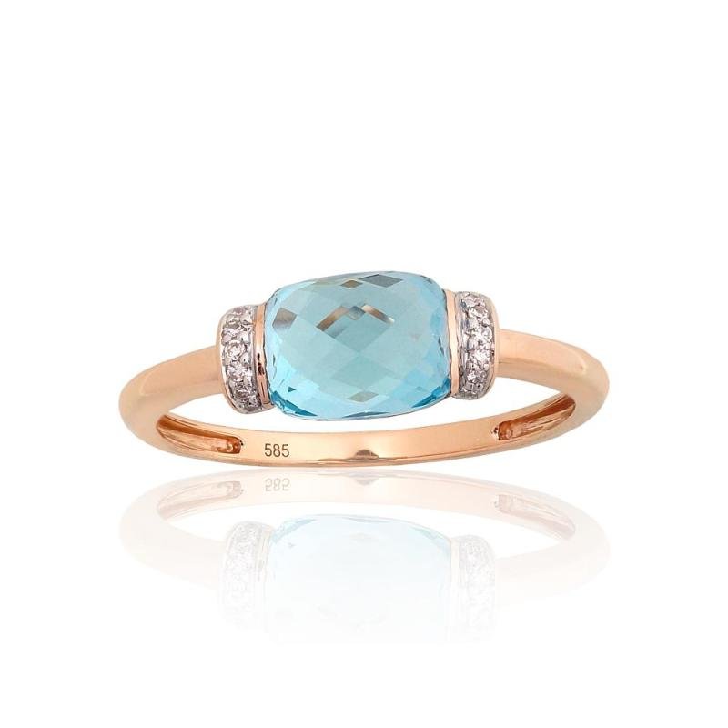 Gold ring, Red Gold 585°, Rhodium (Plating), Diamonds, Blue Topaz