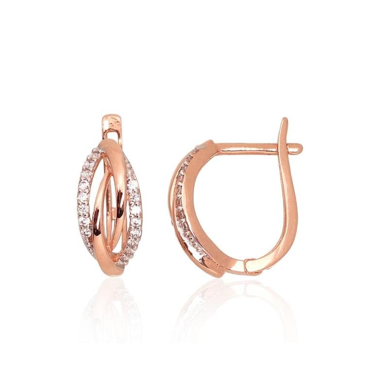 Золотые серьги на английском замке, Красное Золото 585°, родий (покрытие), Цирконы