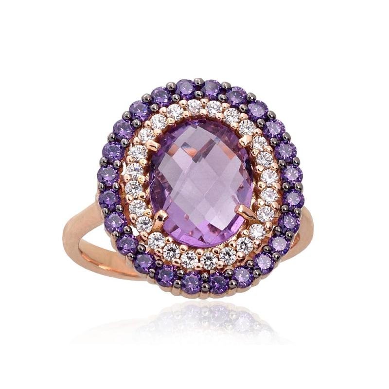Gold ring, Red Gold 585°, Rhodium (Plating), Zirkons, Amethyst
