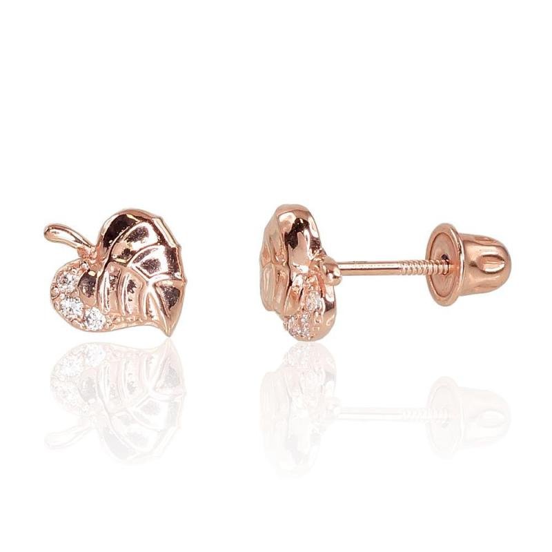 Gold screw studs earrings, Red Gold 585°, Zirkons