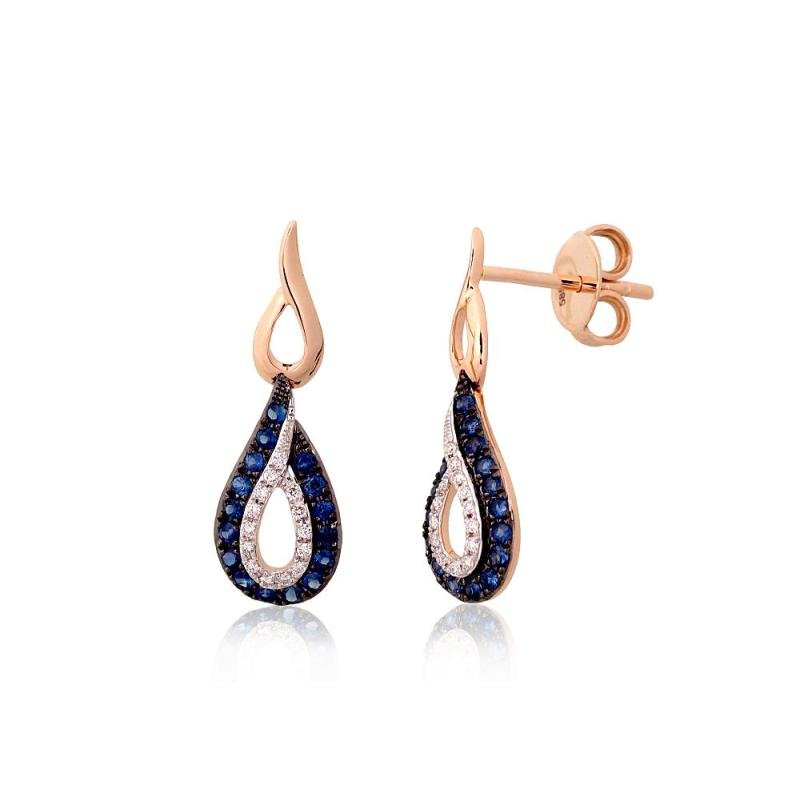 Золотые серьги-пуссеты, Красное Золото 585°, родий (покрытие), Бриллианты, Сапфир