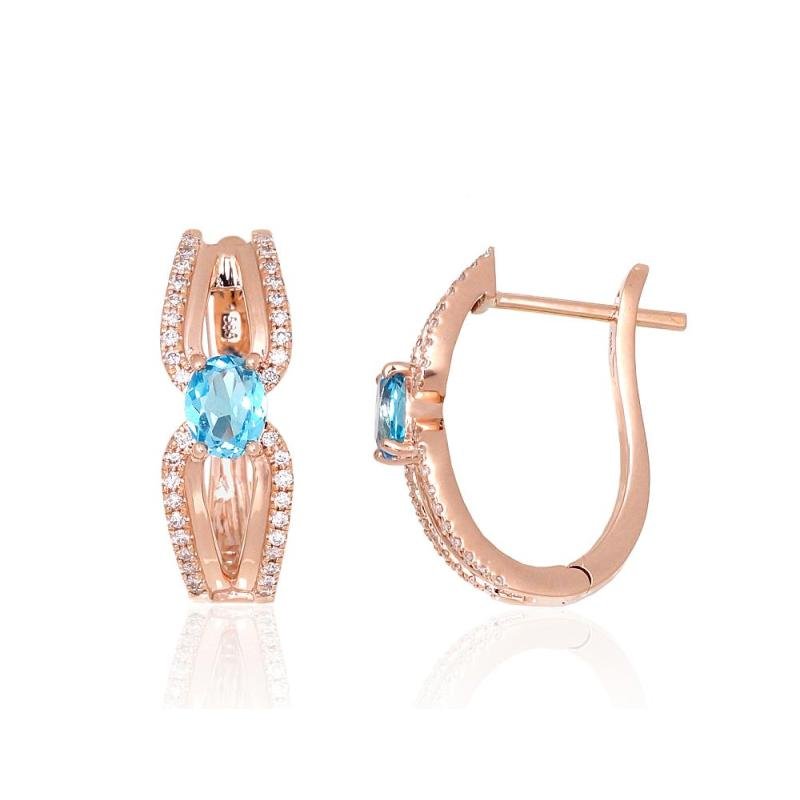 Gold earrings with 'english' lock, Red Gold 585°, Diamonds, Sky Blue Topaz