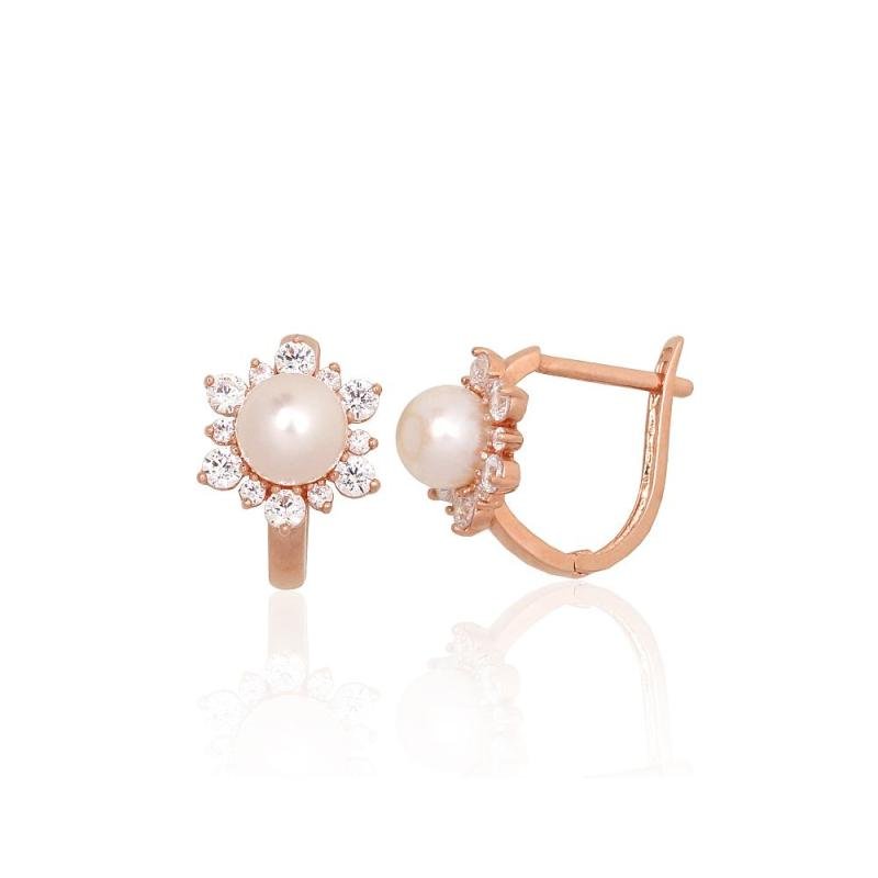 Золотые серьги на английском замке, Красное Золото 585°, Цирконы, Жемчуг