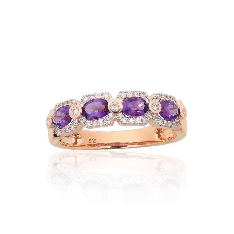 Gold ring, Red Gold 585°, Rhodium (Plating), Diamonds, Amethyst